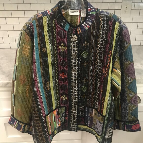 Chico's Jacket Womens Chicos Size 2 Black Multicolored Quilted Boho Patchwork - Picture 1 of 9